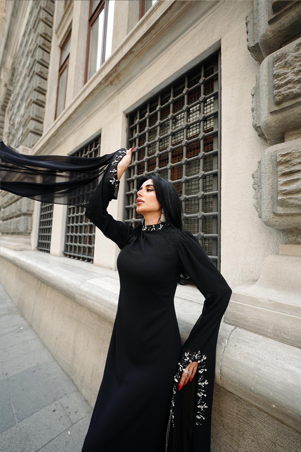 Tesettür Delfin Adriana Krep Abiye SiyahLP6306