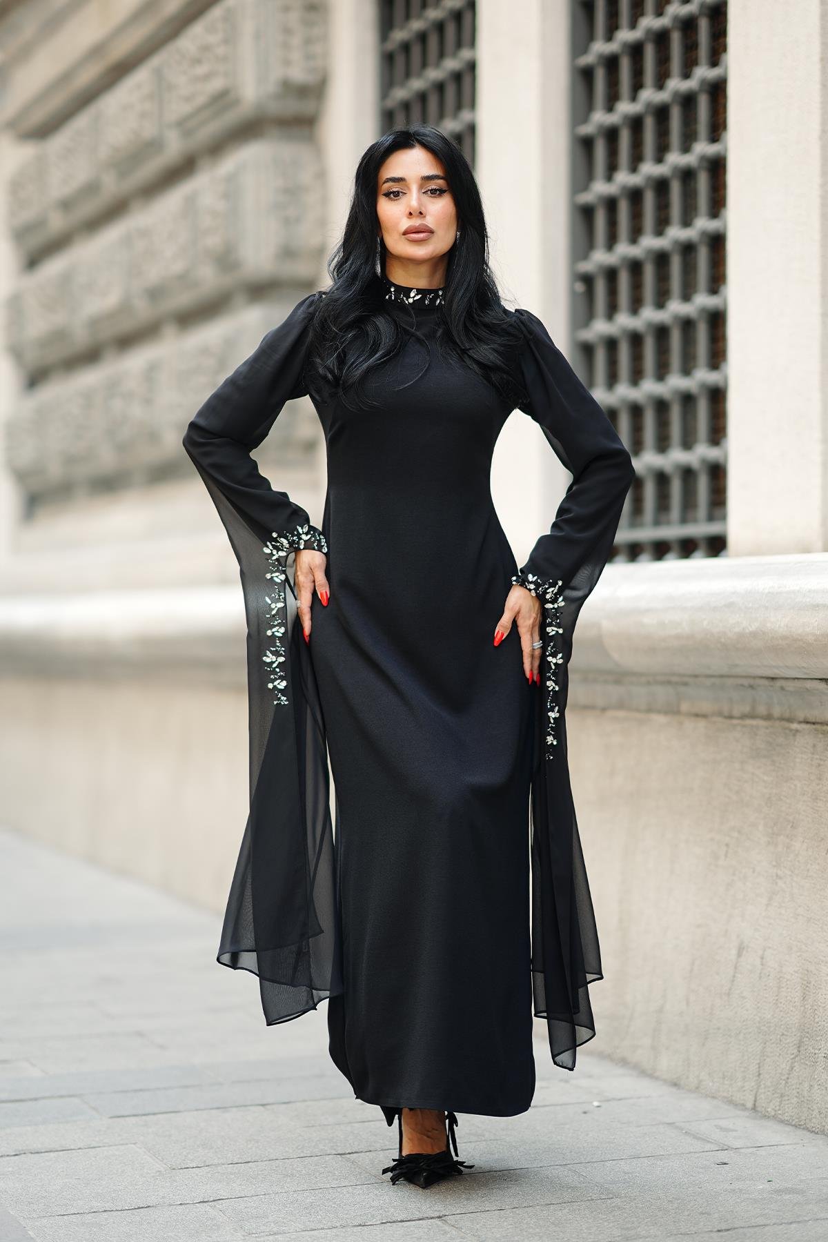 Tesettür Delfin Adriana Krep Abiye SiyahLP6306