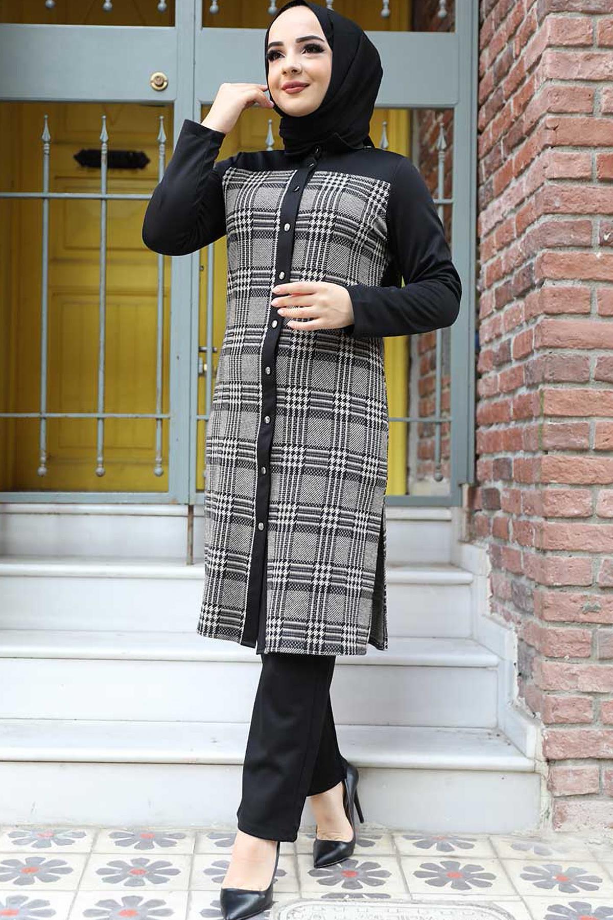 Tesettür Digonel Ekose Tunik Pantolon Kombin VizonHM4004