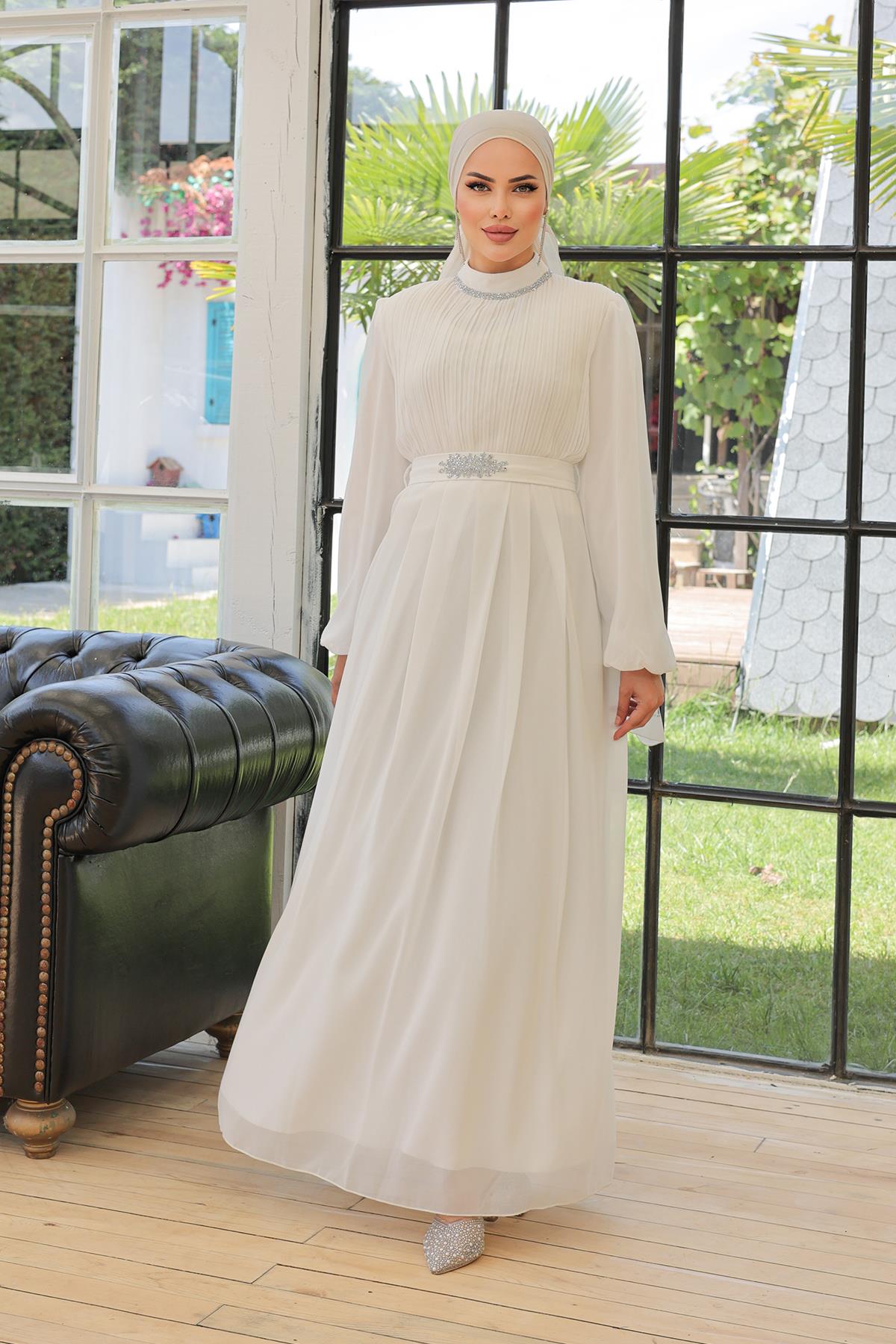 Tesettür Ecrin Şifon Abiye BeyazLP6056