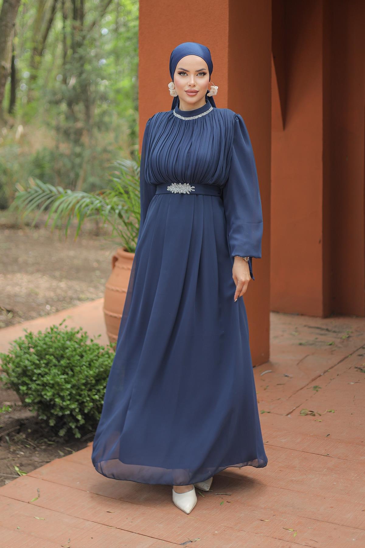 Tesettür Ecrin Şifon Abiye LacivertLP6056