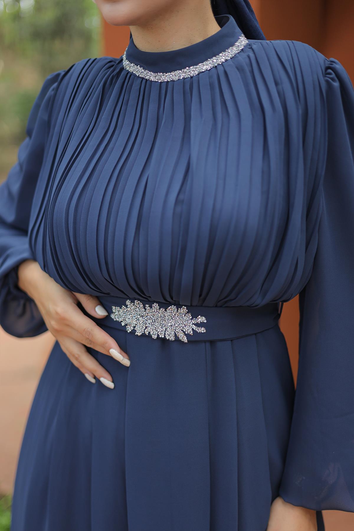 Tesettür Ecrin Şifon Abiye LacivertLP6056