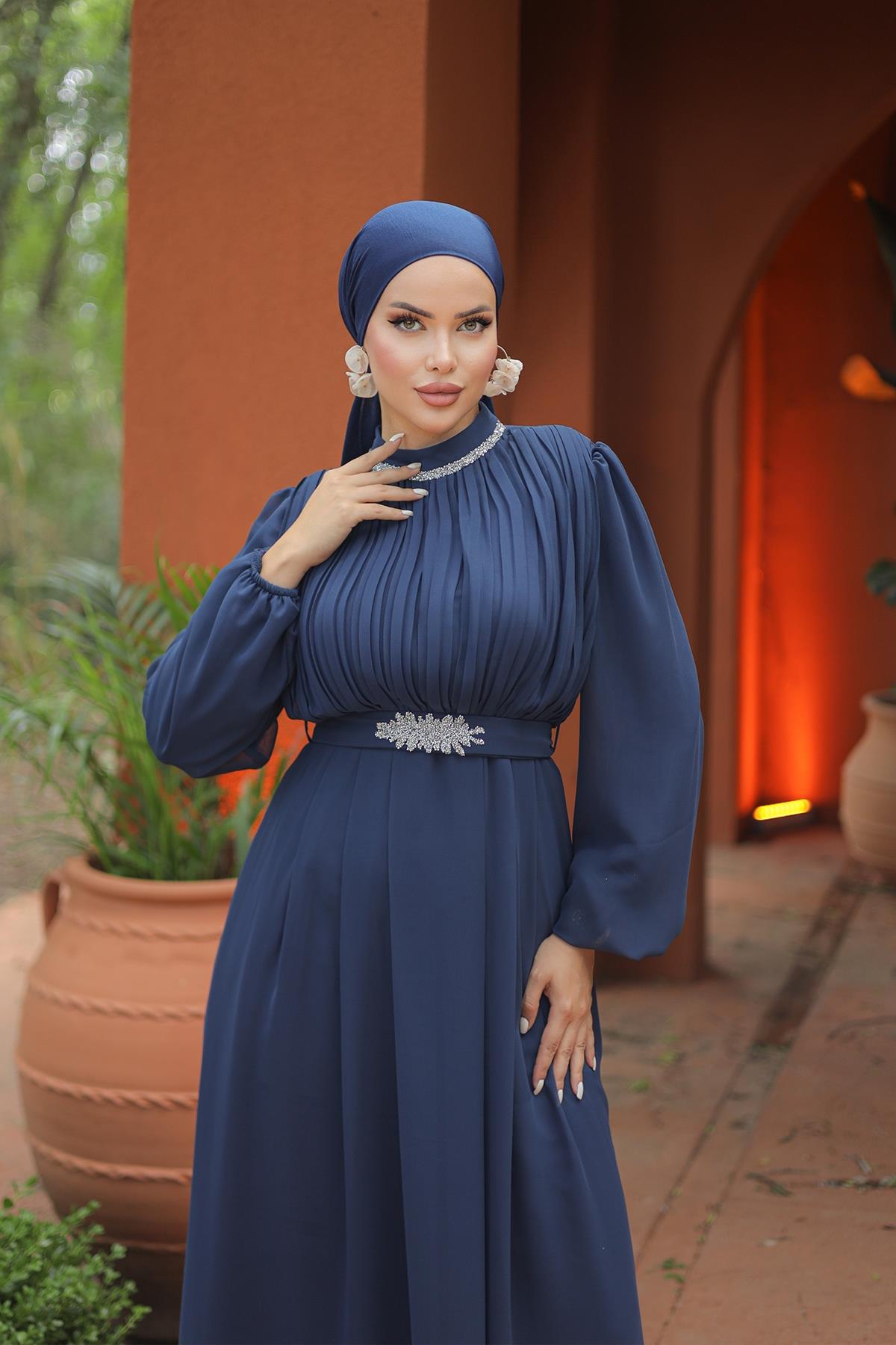 Tesettür Ecrin Şifon Abiye LacivertLP6056