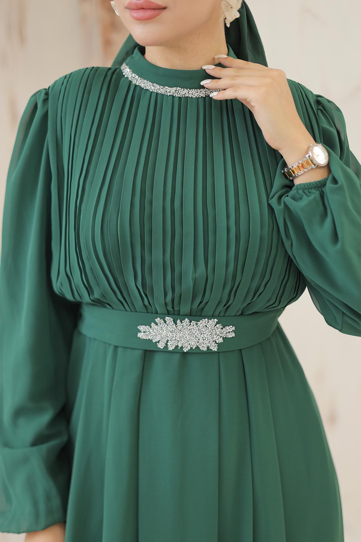 Tesettür Ecrin Şifon Abiye Zümrüt YeşiliLP6056