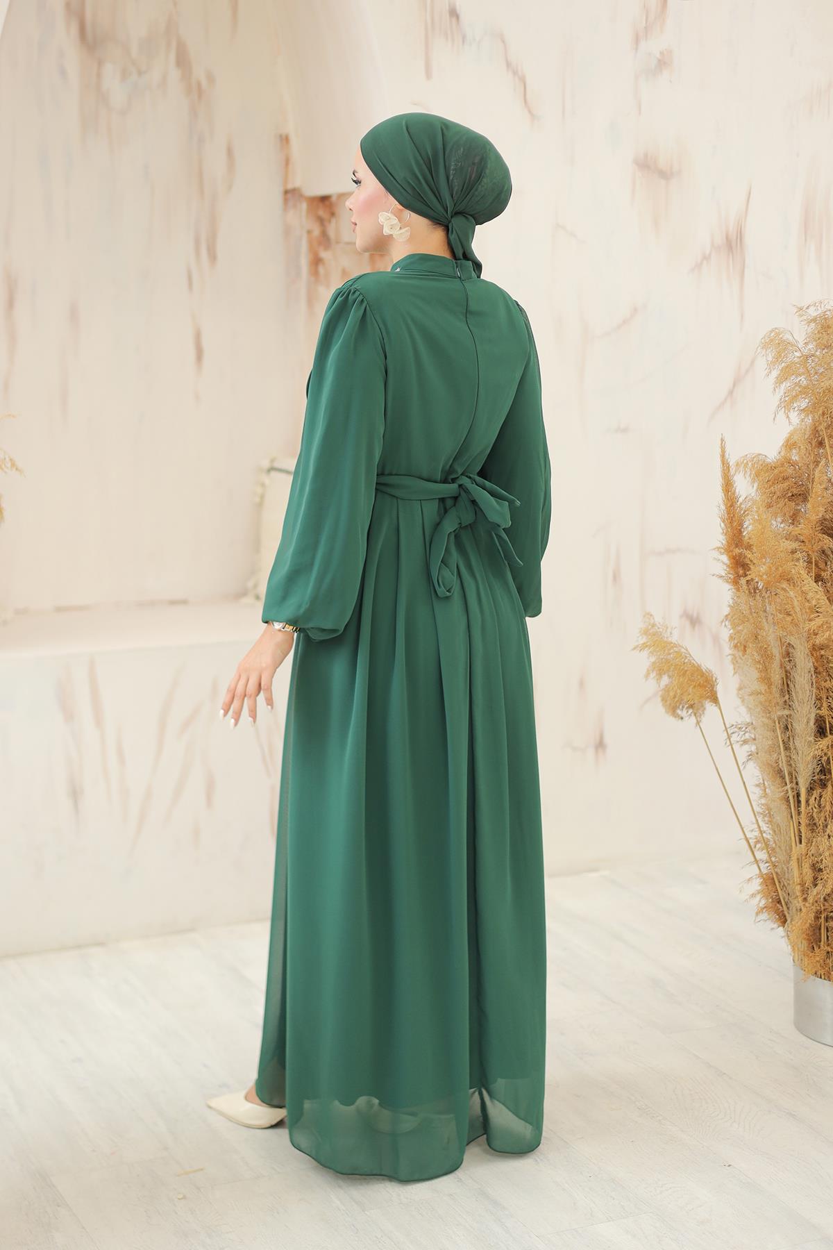 Tesettür Ecrin Şifon Abiye Zümrüt YeşiliLP6056