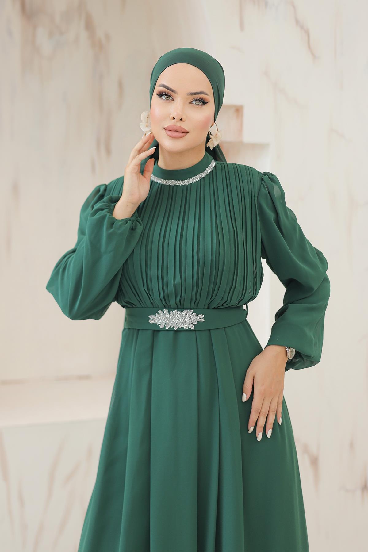 Tesettür Ecrin Şifon Abiye Zümrüt YeşiliLP6056