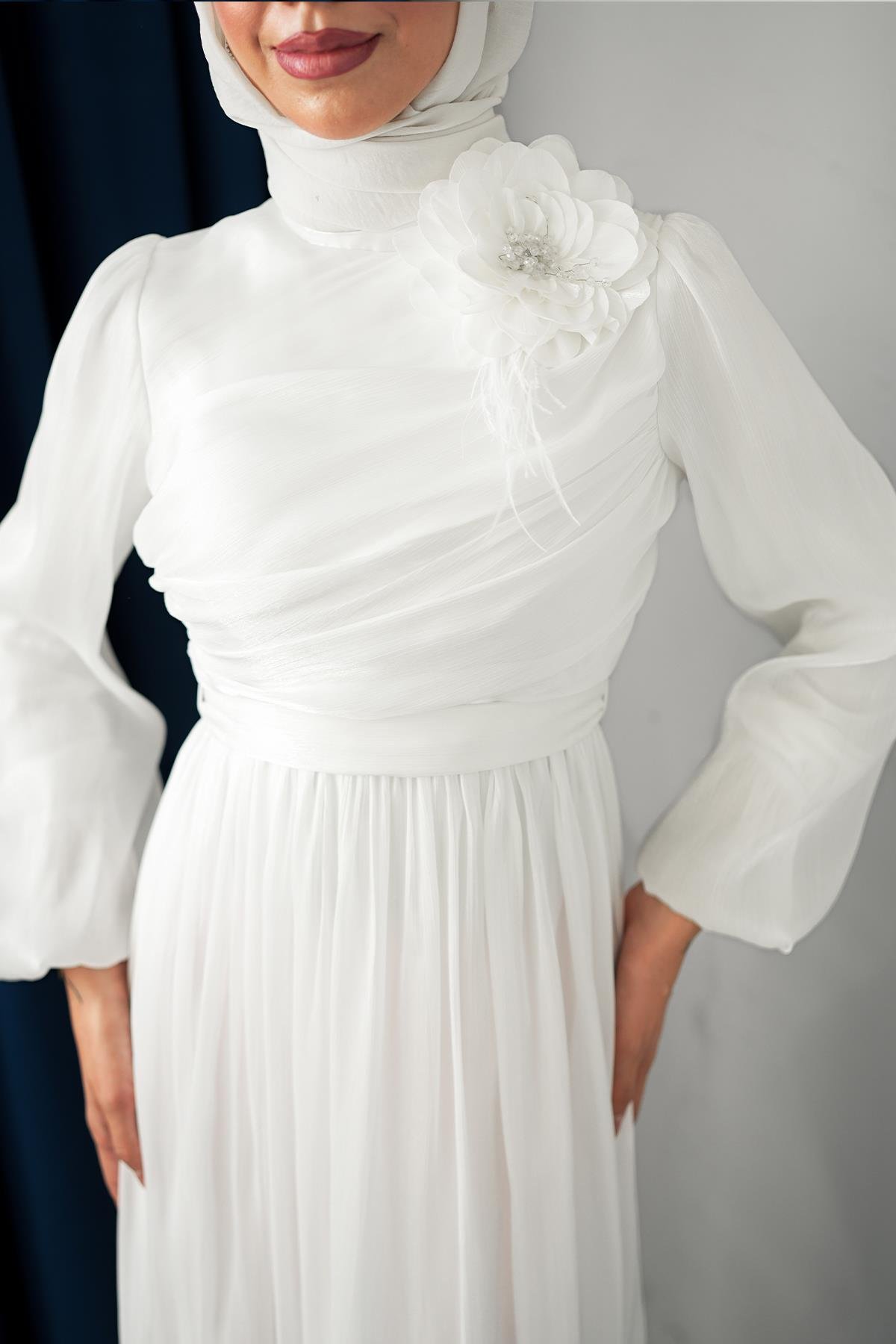 Tesettür Efruz Işıltı Abiye BeyazLP6300