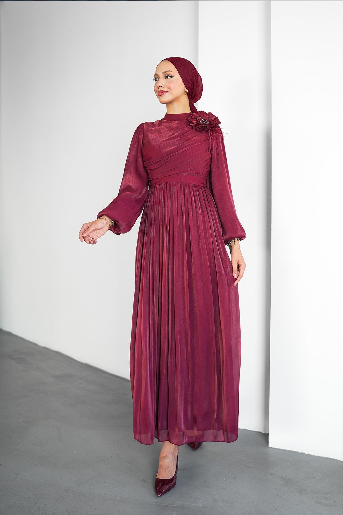 Tesettür Efruz Işıltı Abiye BordoLP6300