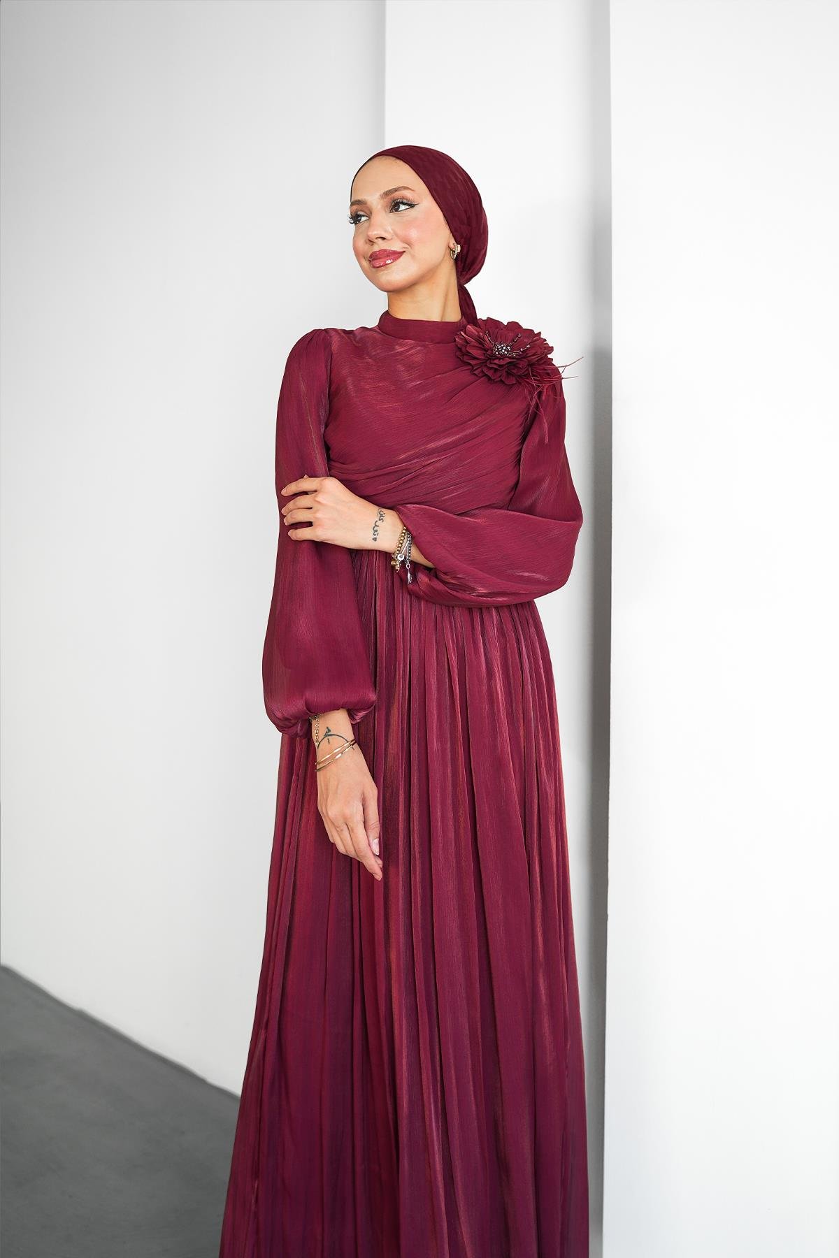 Tesettür Efruz Işıltı Abiye BordoLP6300