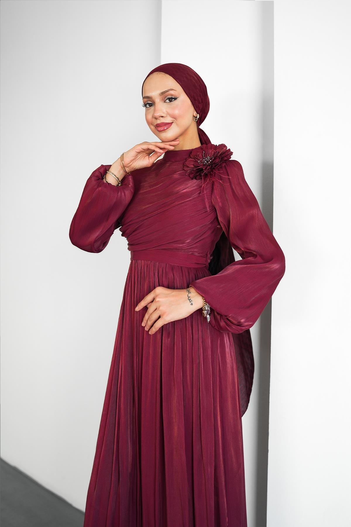 Tesettür Efruz Işıltı Abiye BordoLP6300
