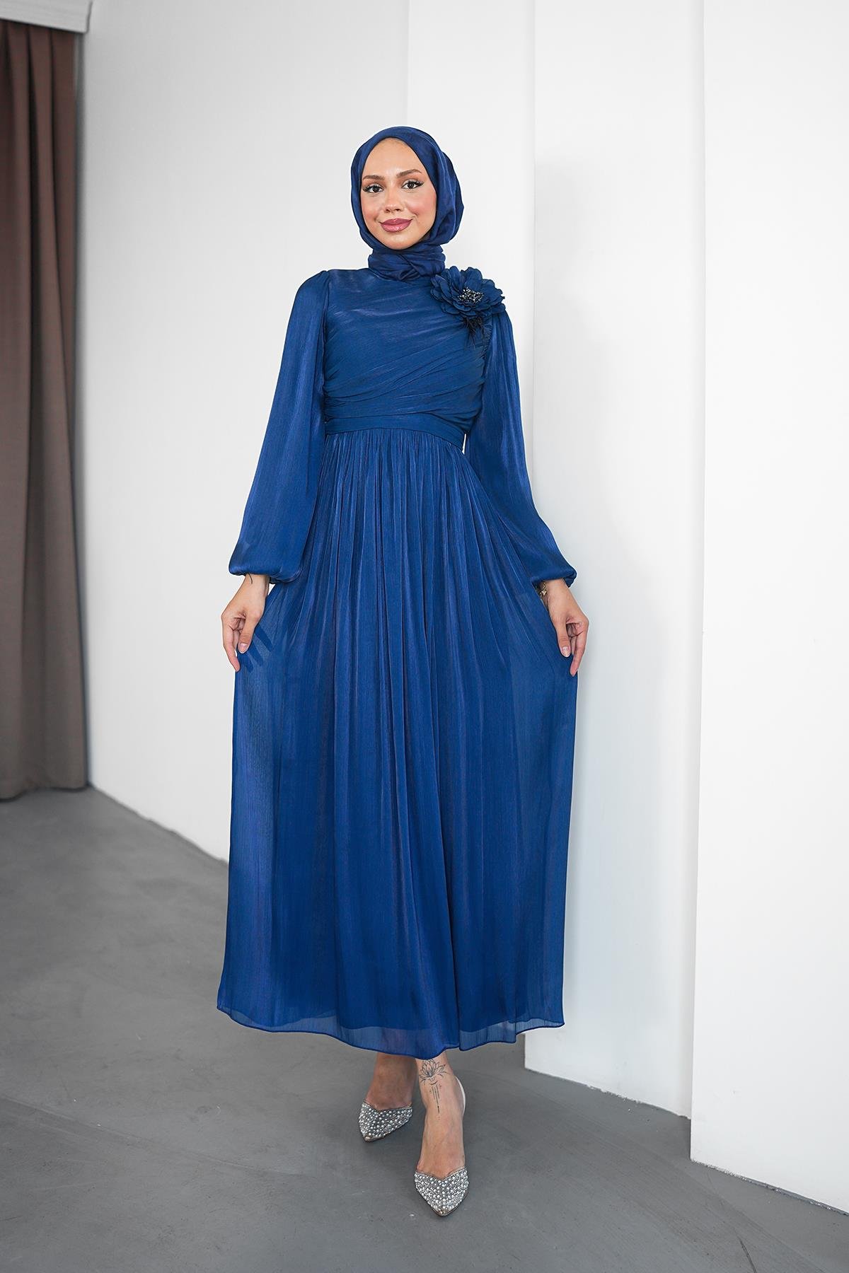 Tesettür Efruz Işıltı Abiye LacivertLP6300