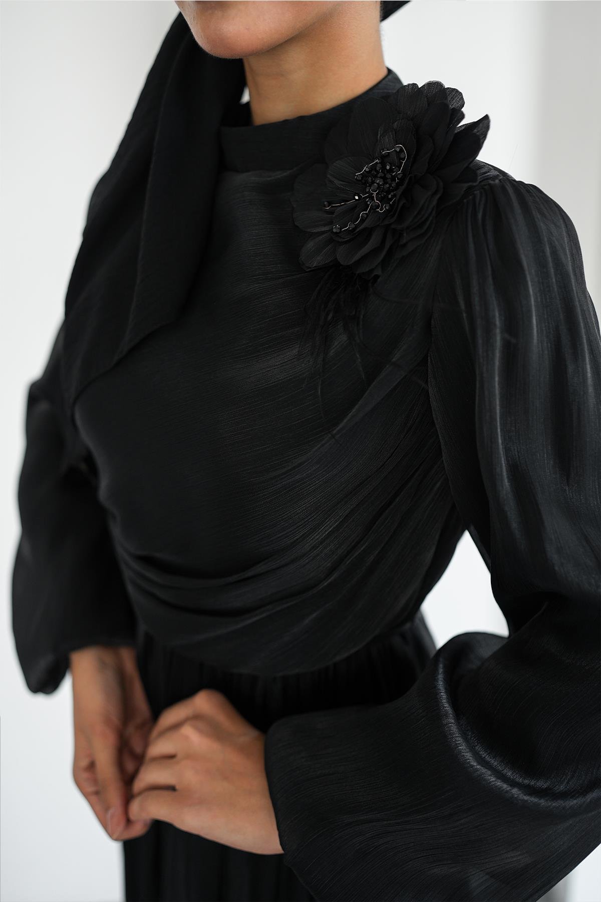 Tesettür Efruz Işıltı Abiye SiyahLP6300