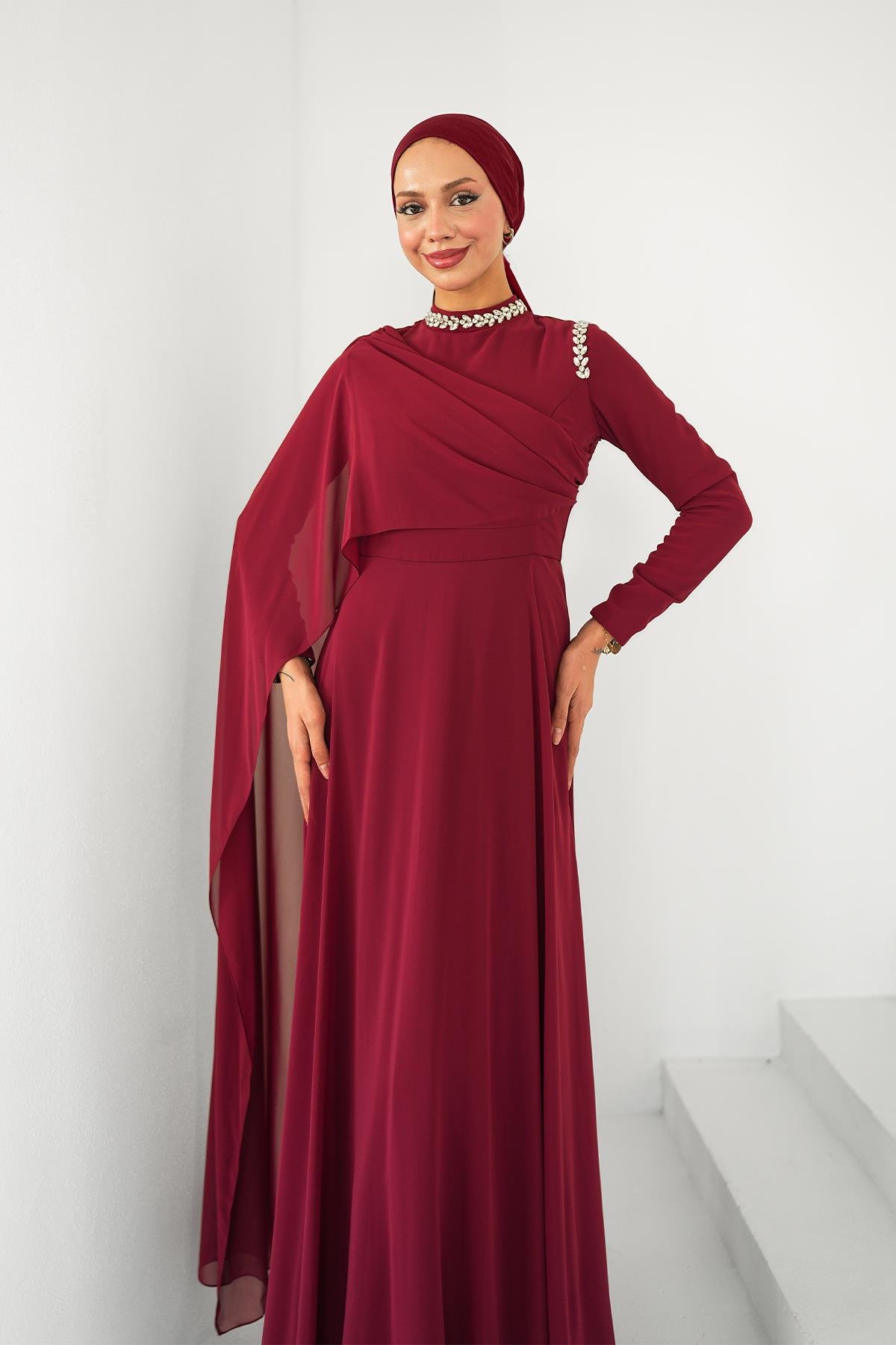 Tesettür Efşan Şifon Abiye BordoLP6294