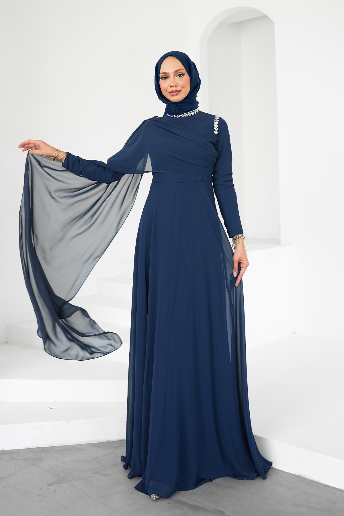 Tesettür Efşan Şifon Abiye LacivertLP6294