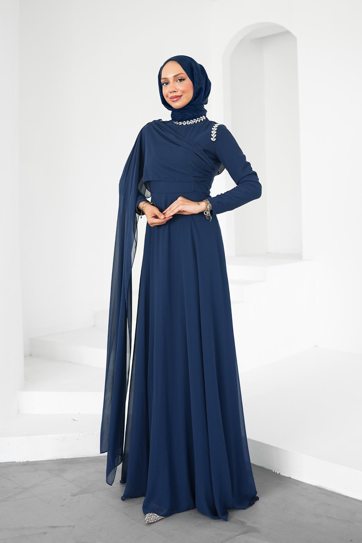 Tesettür Efşan Şifon Abiye LacivertLP6294