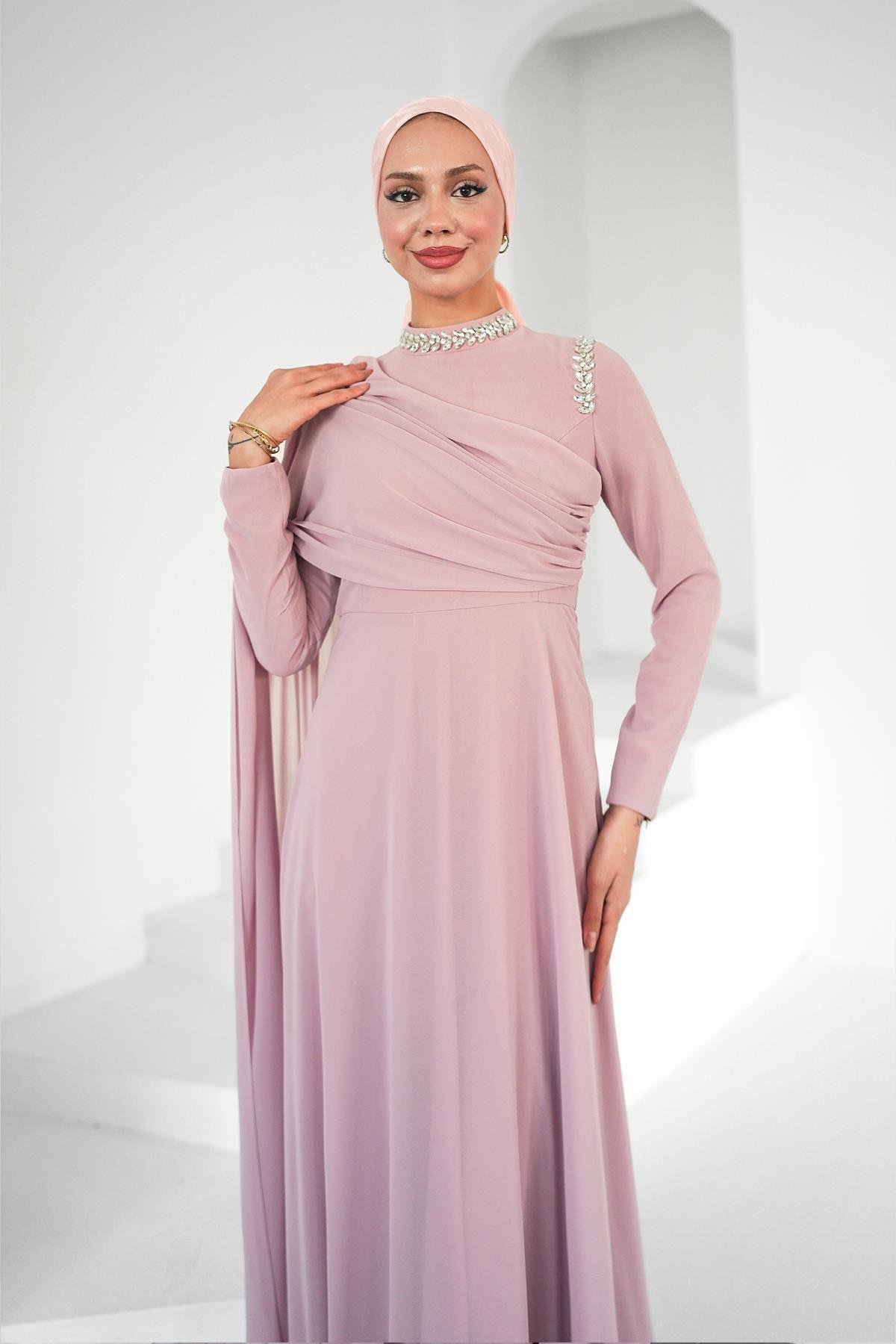 Tesettür Efşan Şifon Abiye PudraLP6294