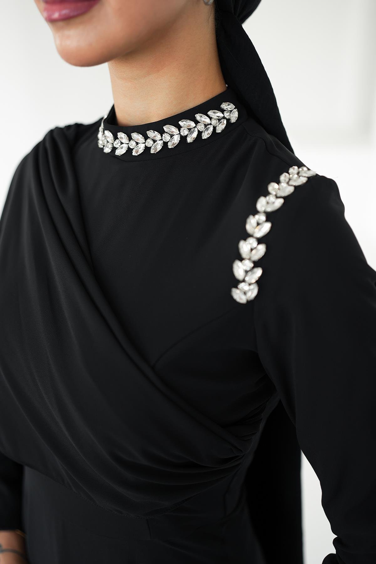 Tesettür Efşan Şifon Abiye SiyahLP6294