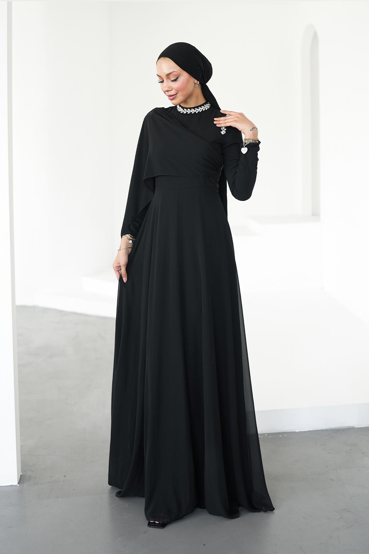 Tesettür Efşan Şifon Abiye SiyahLP6294
