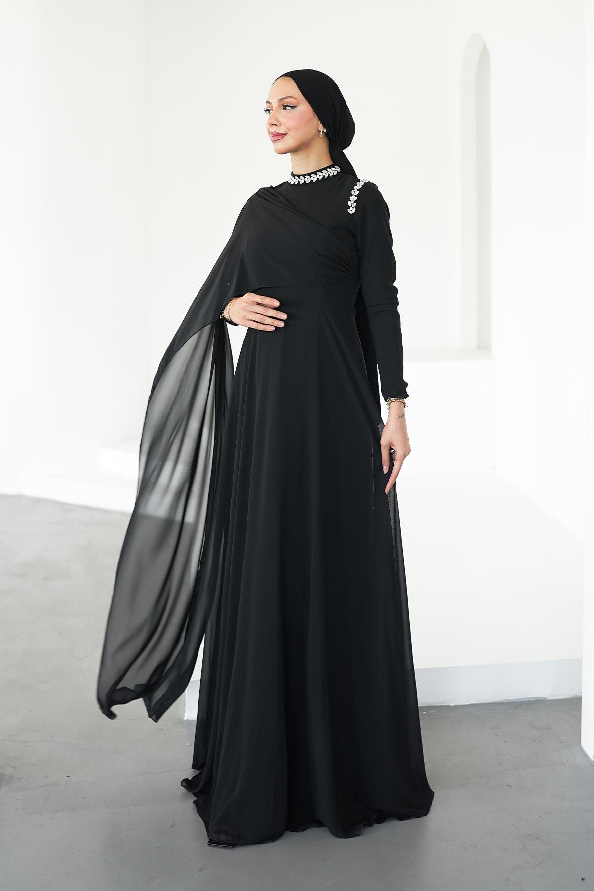Tesettür Efşan Şifon Abiye SiyahLP6294