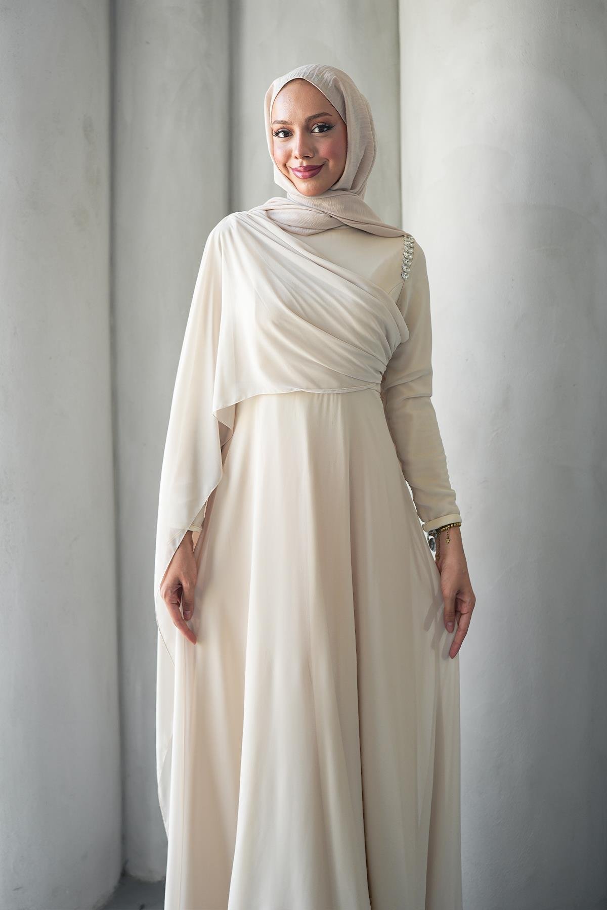 Tesettür Efşan Şifon Abiye Taş RengiLP6294