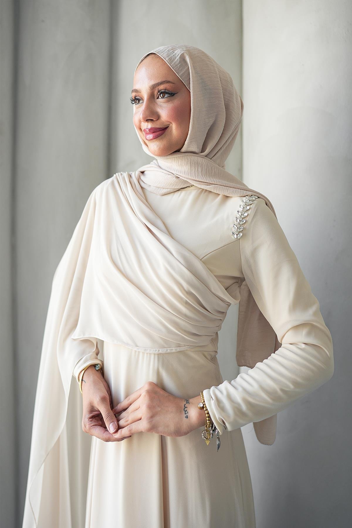 Tesettür Efşan Şifon Abiye Taş RengiLP6294