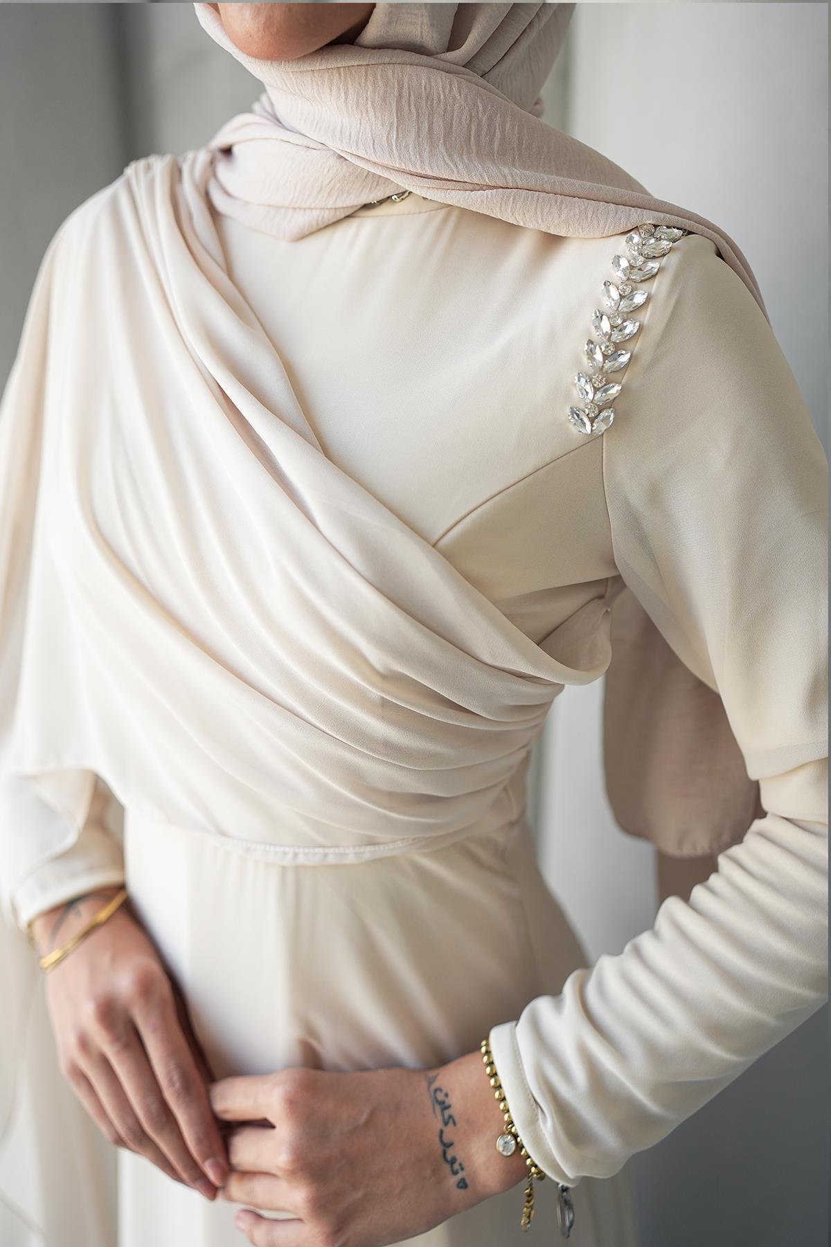 Tesettür Efşan Şifon Abiye Taş RengiLP6294