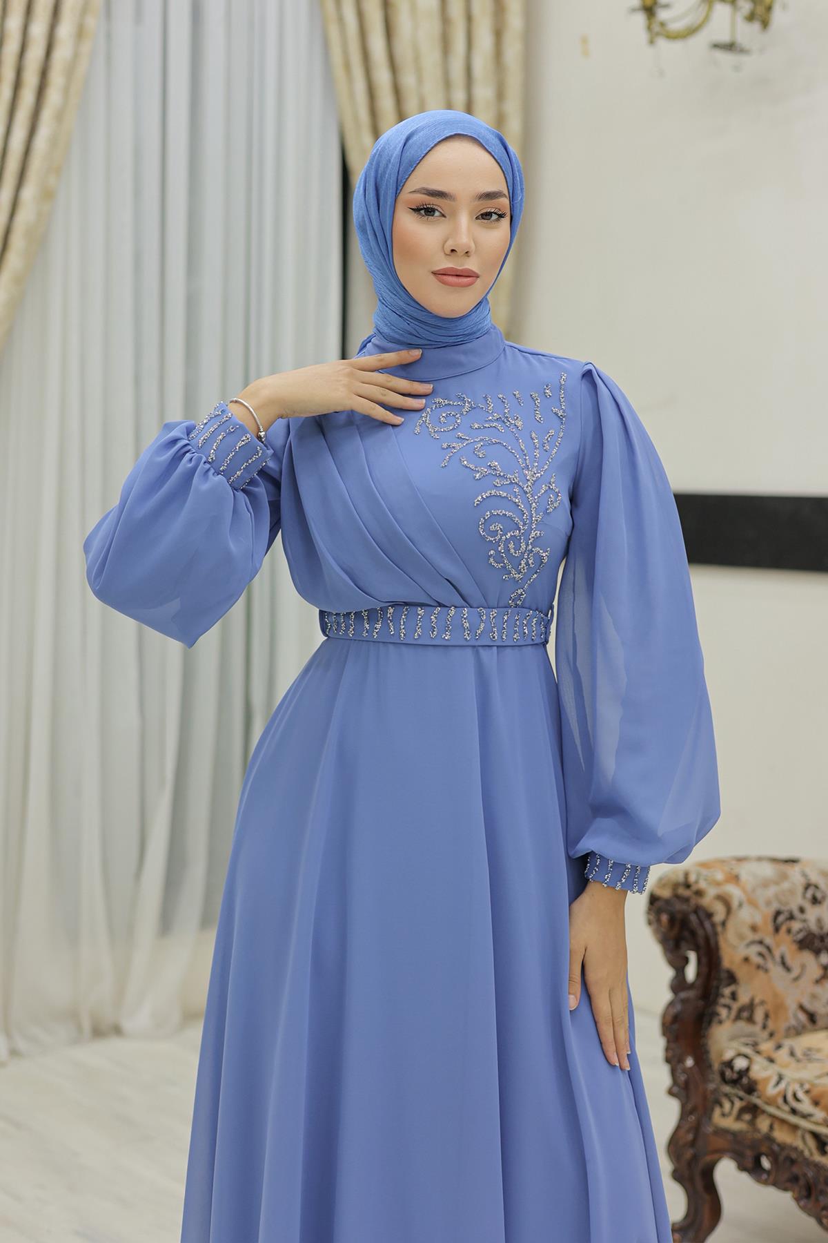 Tesettür Efsun Şifon Abiye IndigoLP6055