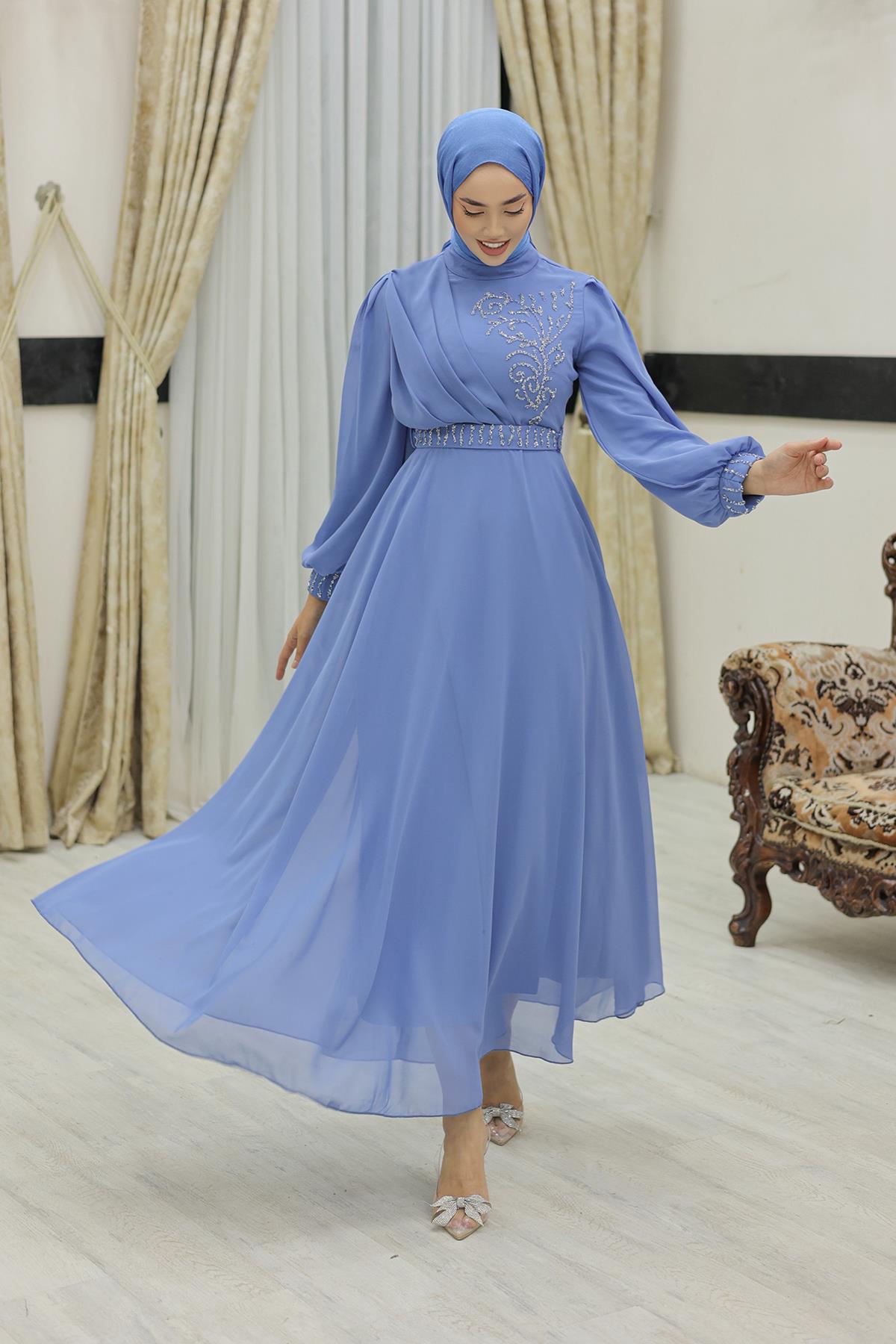 Tesettür Efsun Şifon Abiye IndigoLP6055