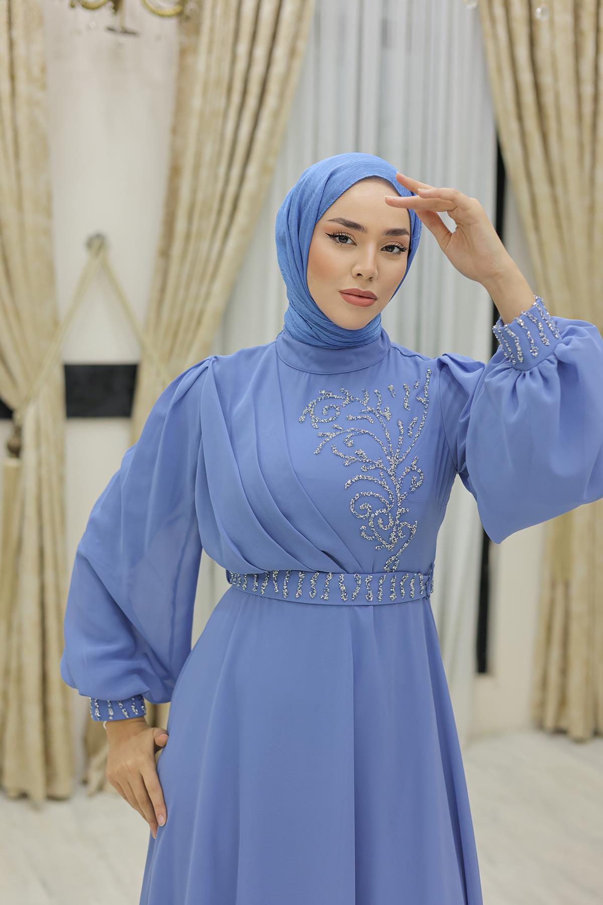 Tesettür Efsun Şifon Abiye IndigoLP6055