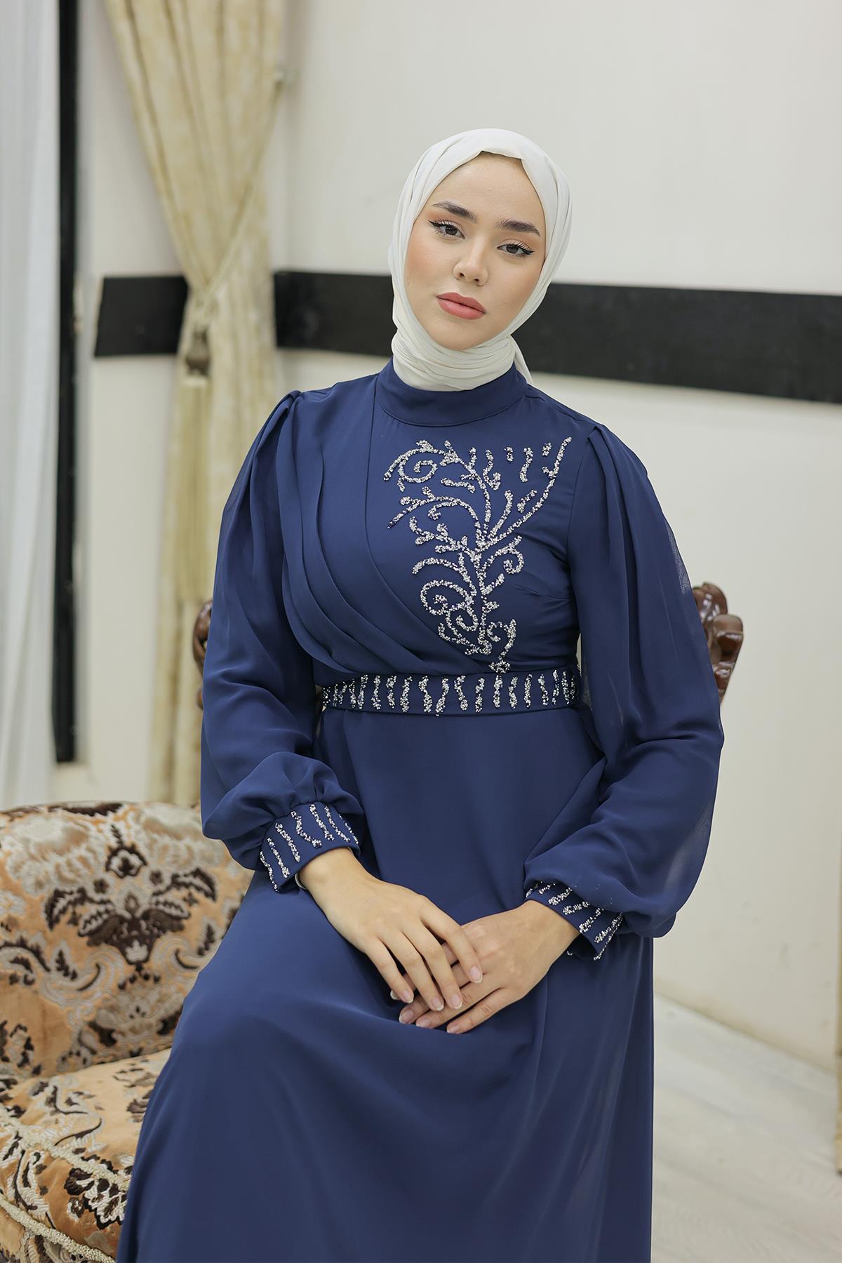 Tesettür Efsun Şifon Abiye LacivertLP6055