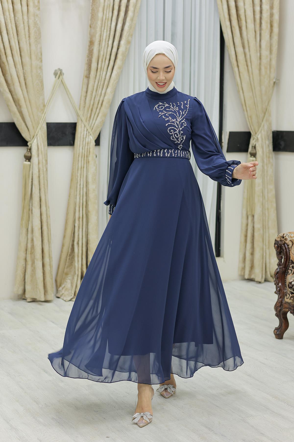 Tesettür Efsun Şifon Abiye LacivertLP6055