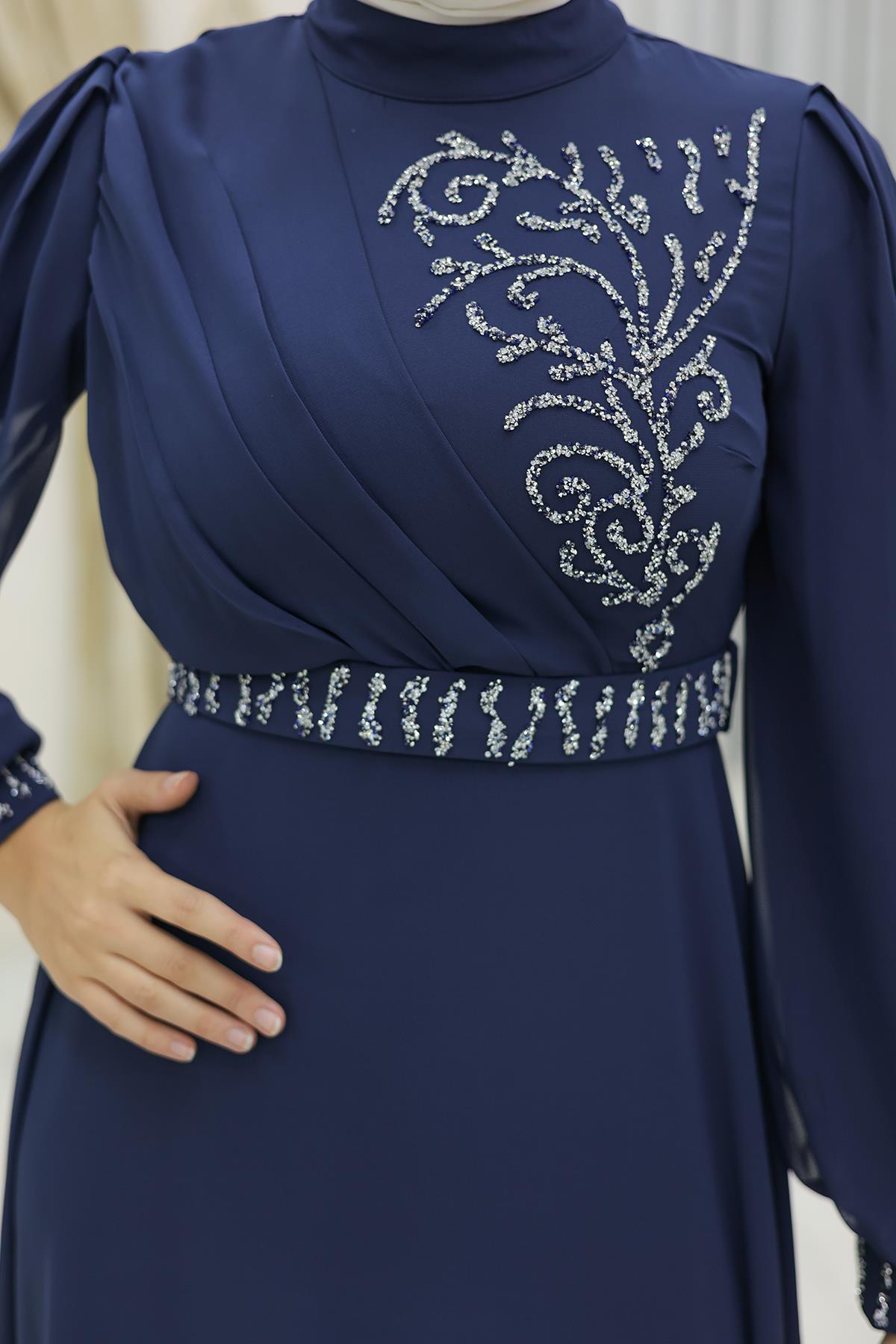 Tesettür Efsun Şifon Abiye LacivertLP6055