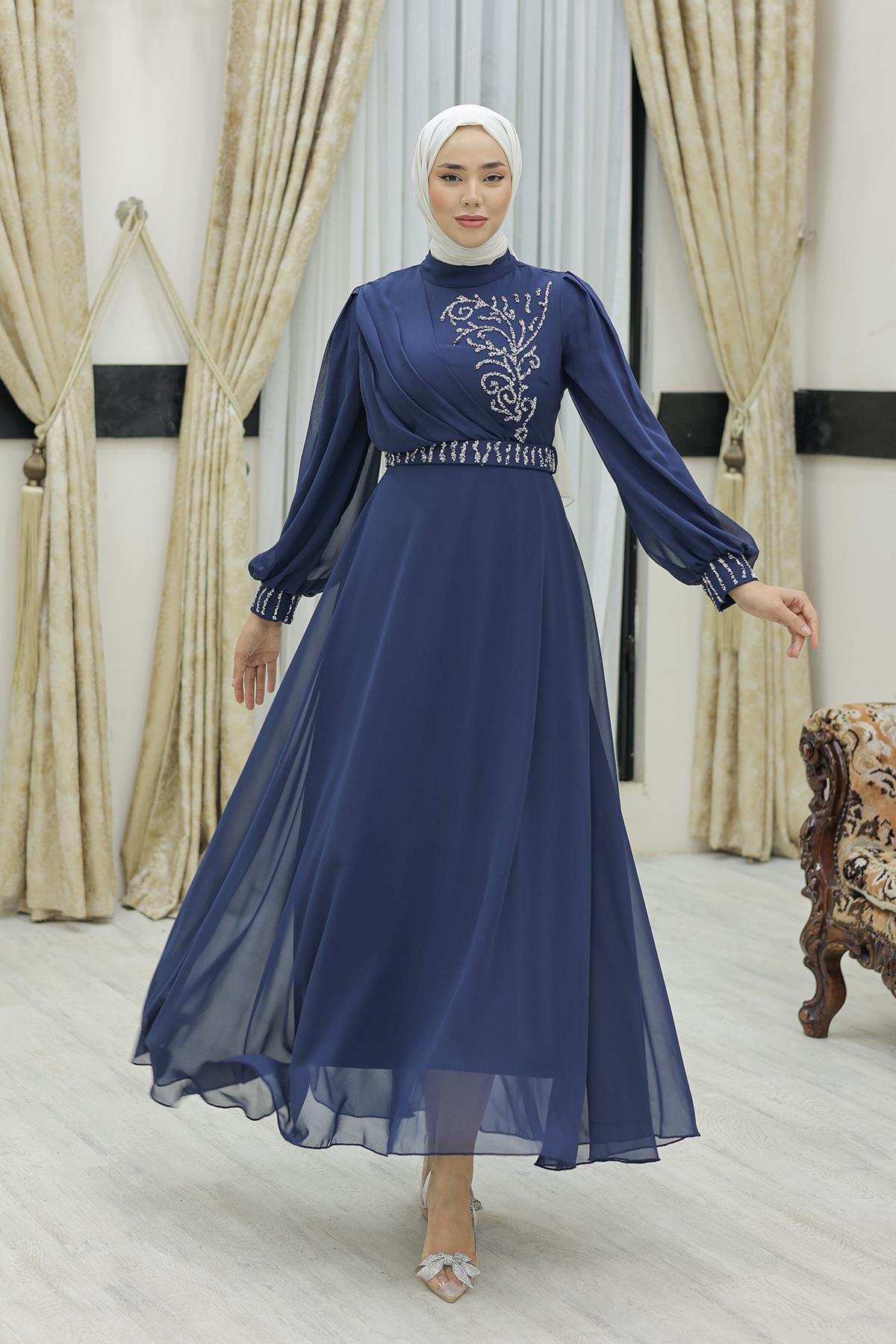 Tesettür Efsun Şifon Abiye LacivertLP6055