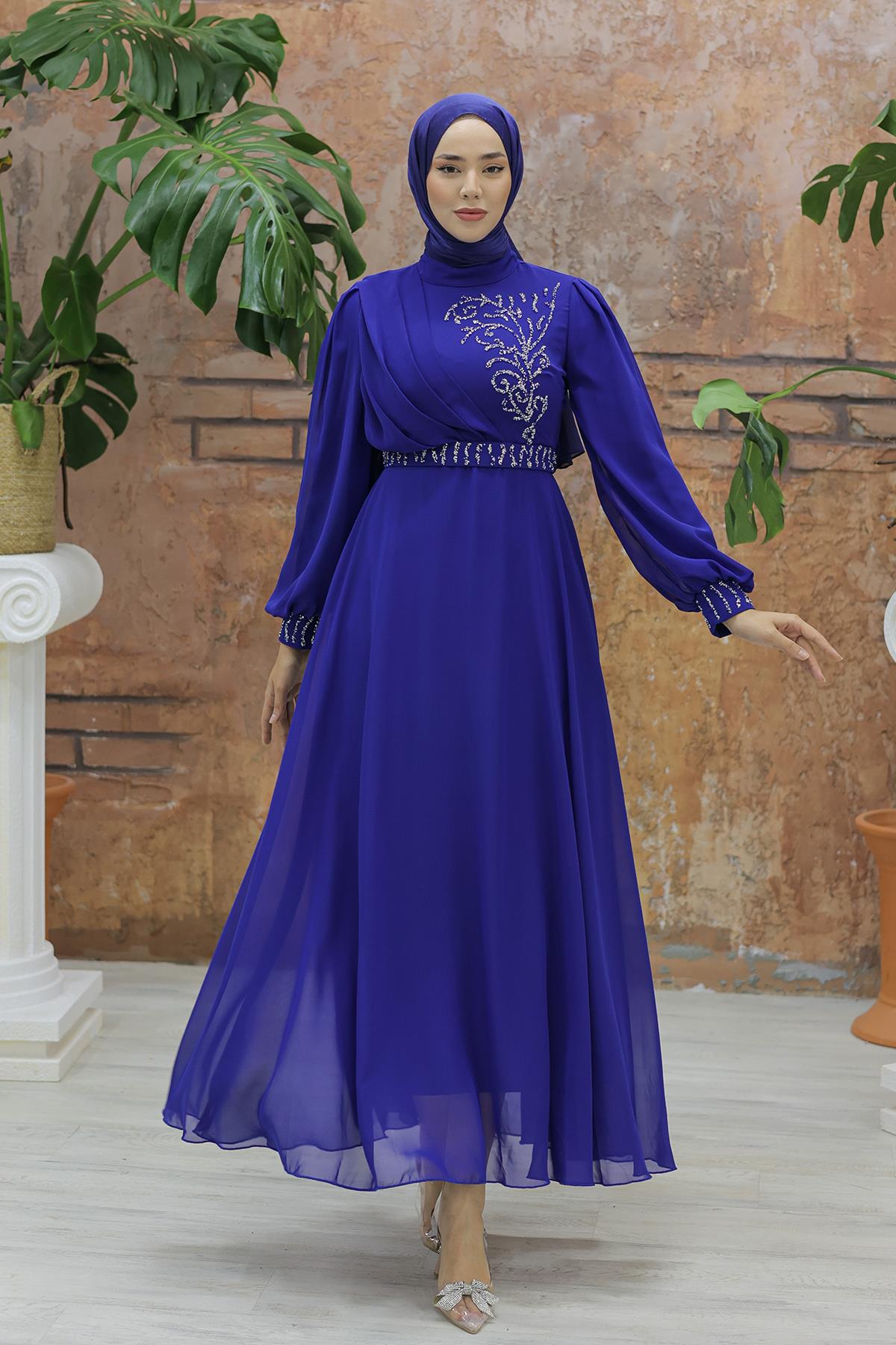 Tesettür Efsun Şifon Abiye Saks MavisiLP6055