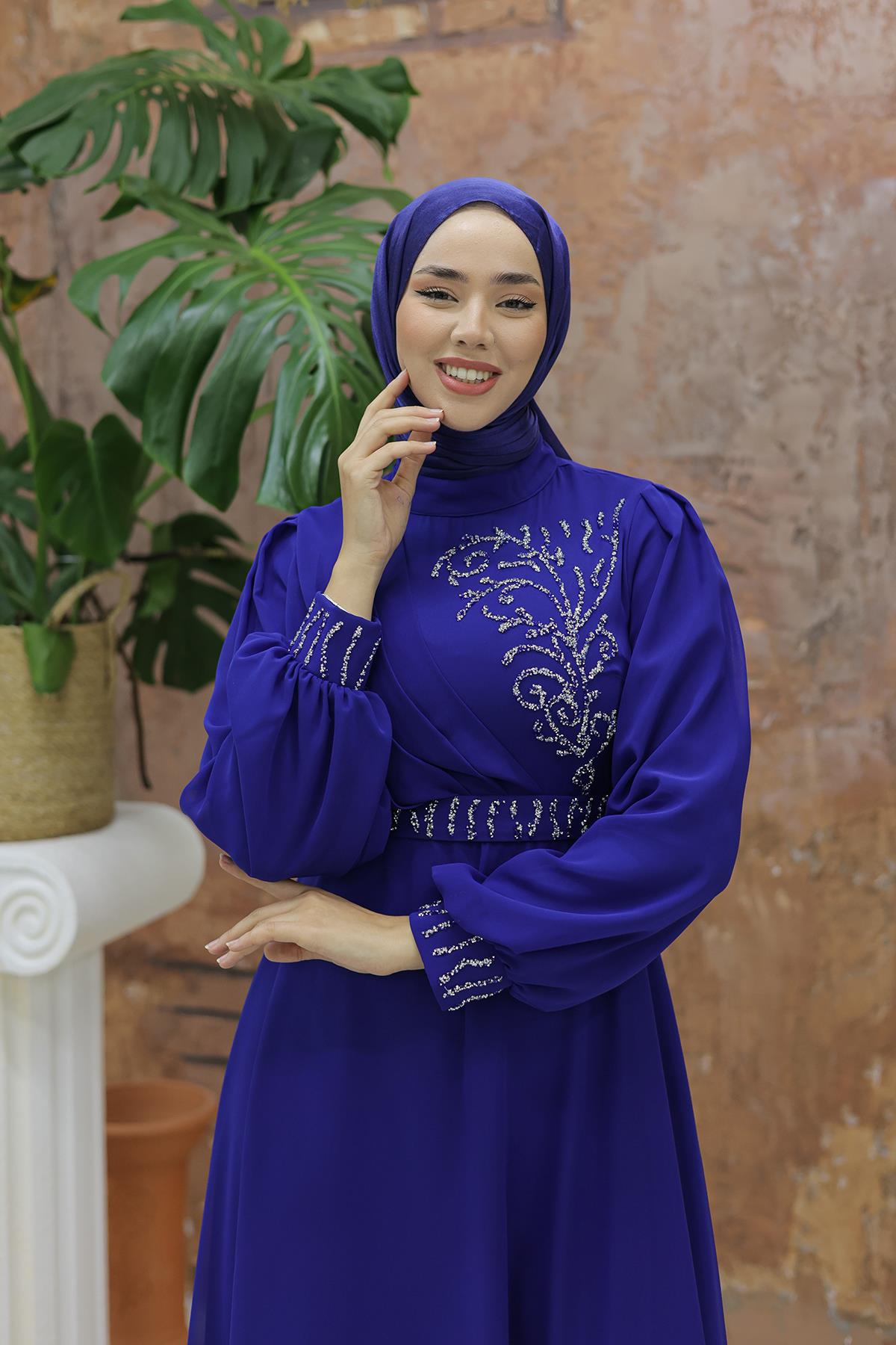 Tesettür Efsun Şifon Abiye Saks MavisiLP6055