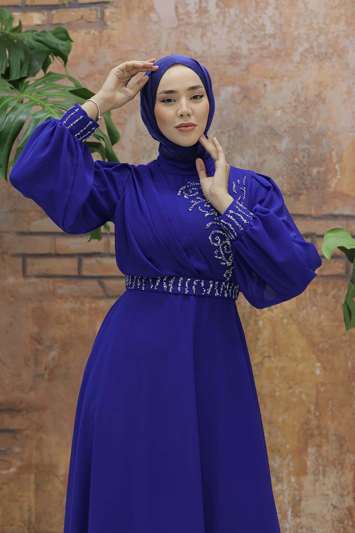 Tesettür Efsun Şifon Abiye Saks MavisiLP6055