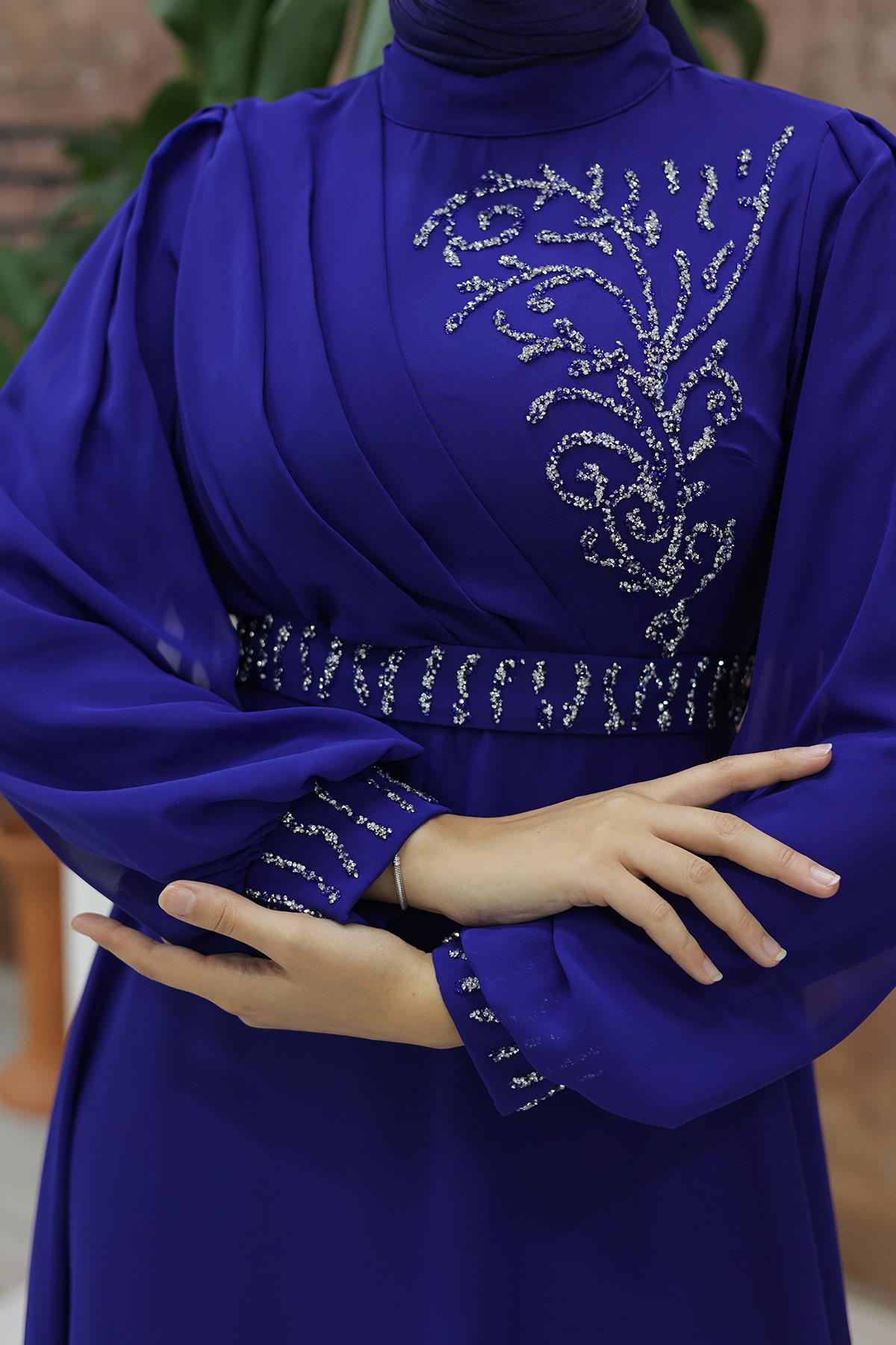 Tesettür Efsun Şifon Abiye Saks MavisiLP6055