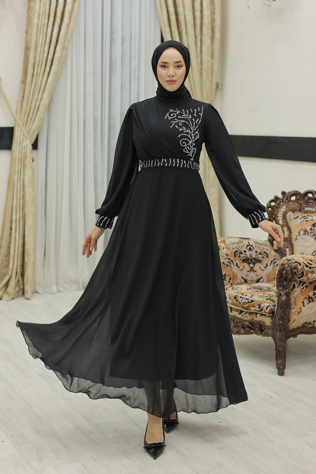 Tesettür Efsun Şifon Abiye SiyahLP6055