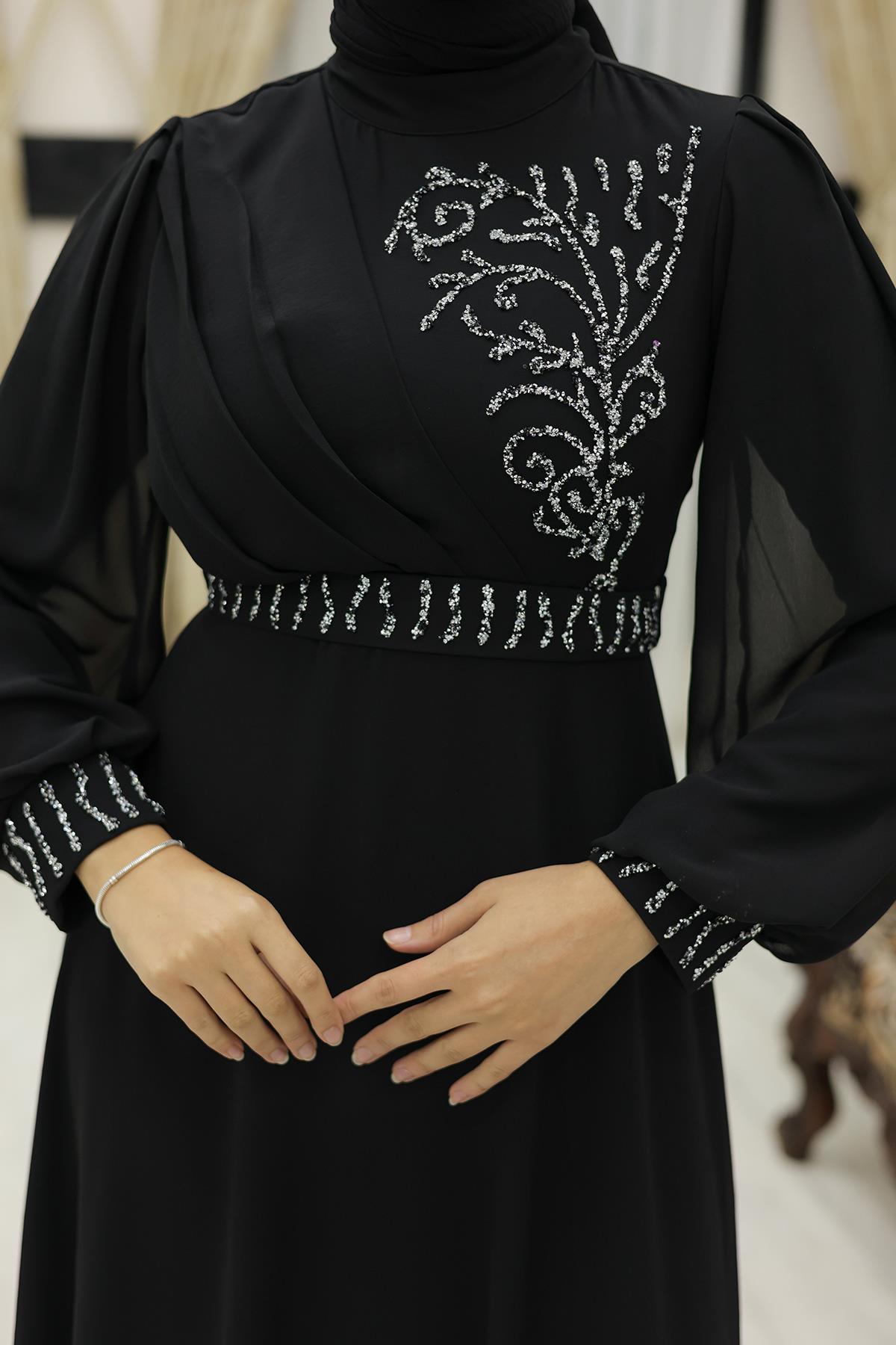 Tesettür Efsun Şifon Abiye SiyahLP6055