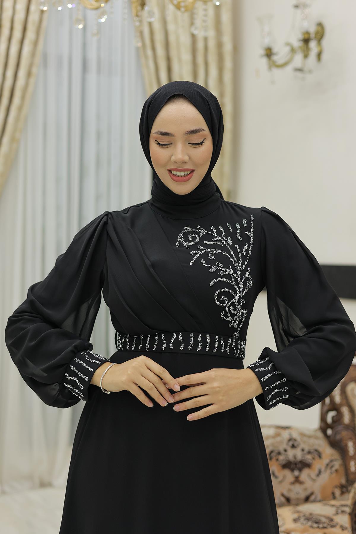 Tesettür Efsun Şifon Abiye SiyahLP6055