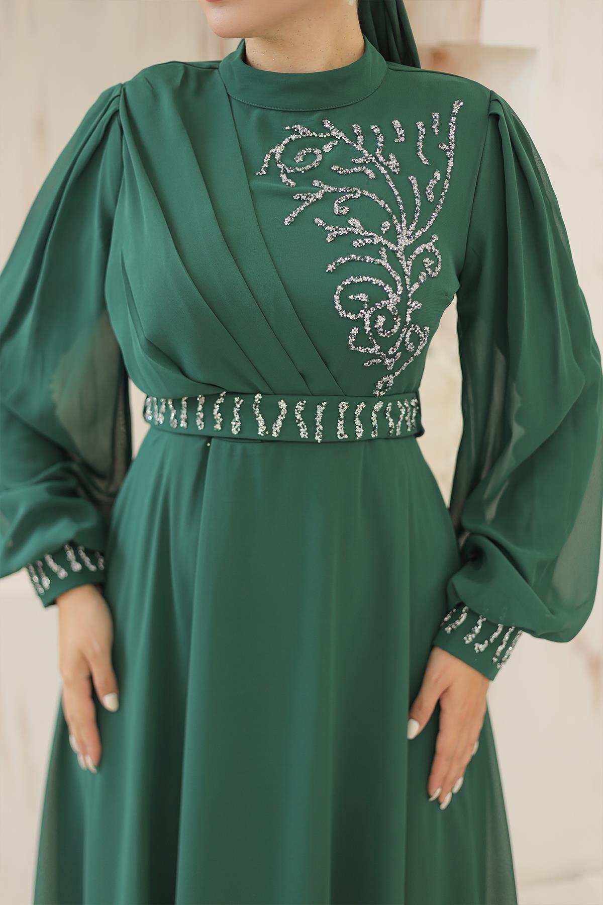 Tesettür Efsun Şifon Abiye Zümrüt YeşiliLP6055