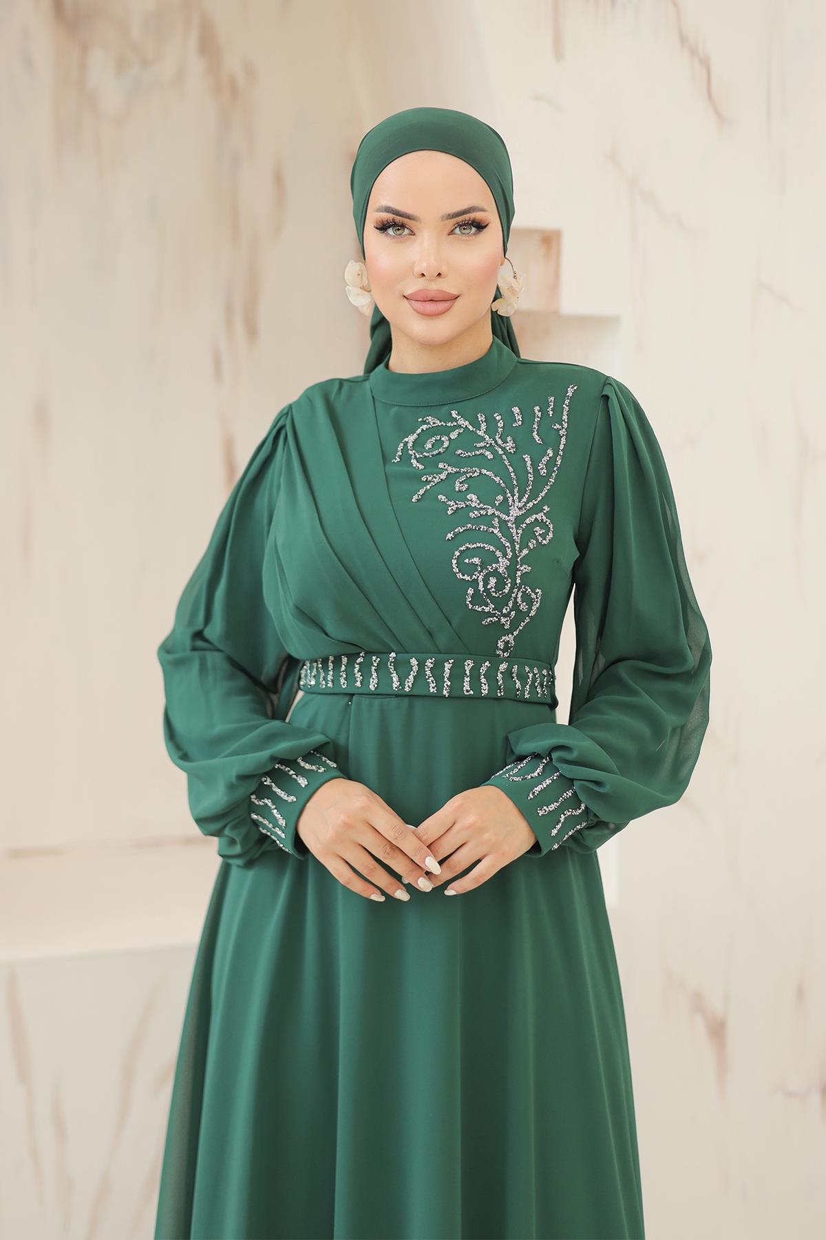 Tesettür Efsun Şifon Abiye Zümrüt YeşiliLP6055