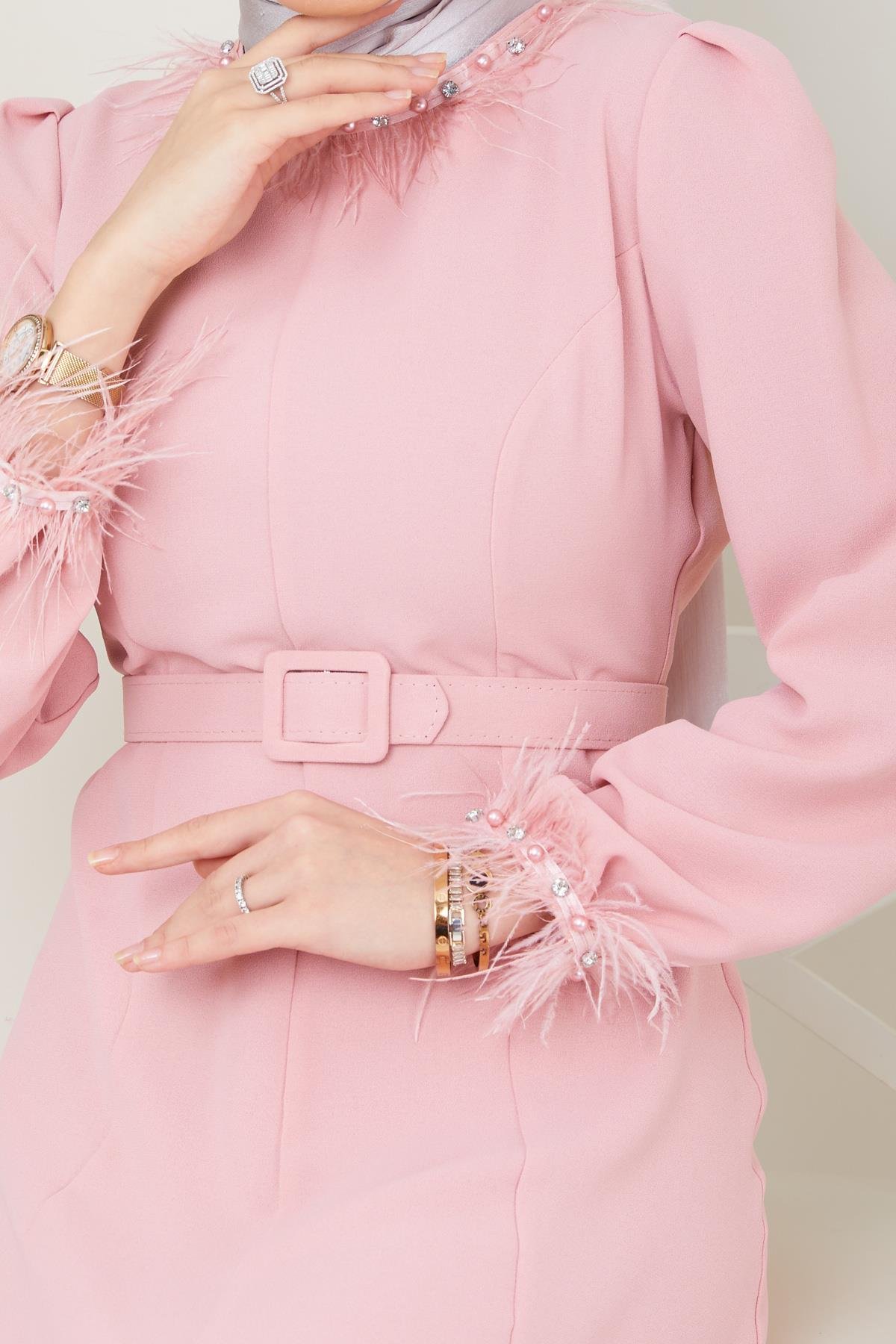 Tesettür Esla Krep Elbise PudraHM4142-1