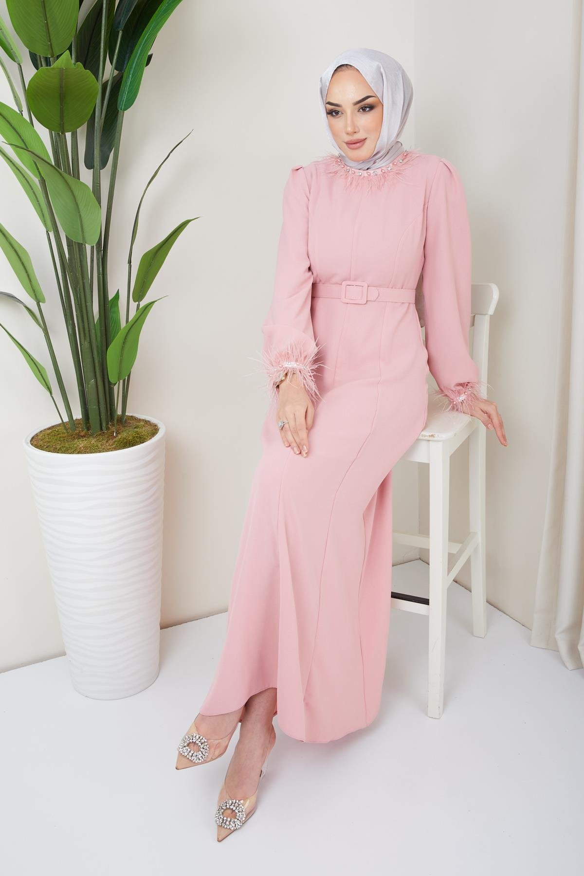 Tesettür Esla Krep Elbise PudraHM4142-1