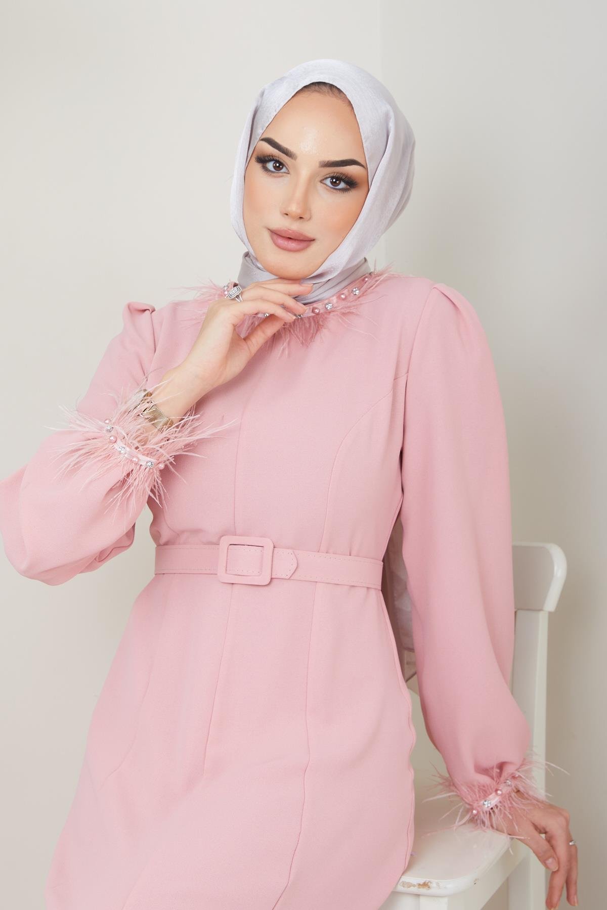 Tesettür Esla Krep Elbise PudraHM4142-1