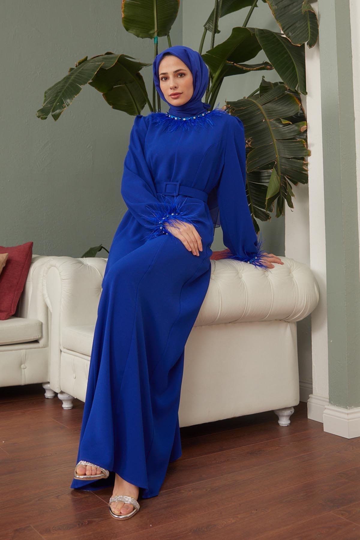 Tesettür Esla Krep Elbise Saks MavisiHM4142-1