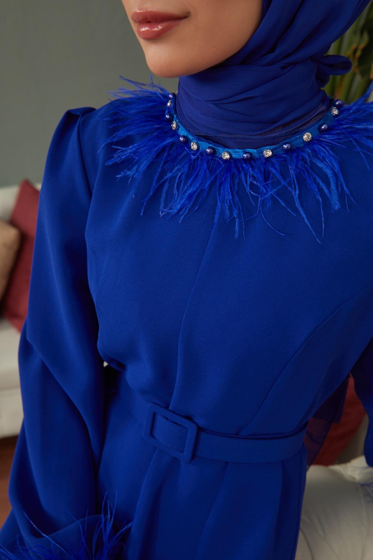 Tesettür Esla Krep Elbise Saks MavisiHM4142-1