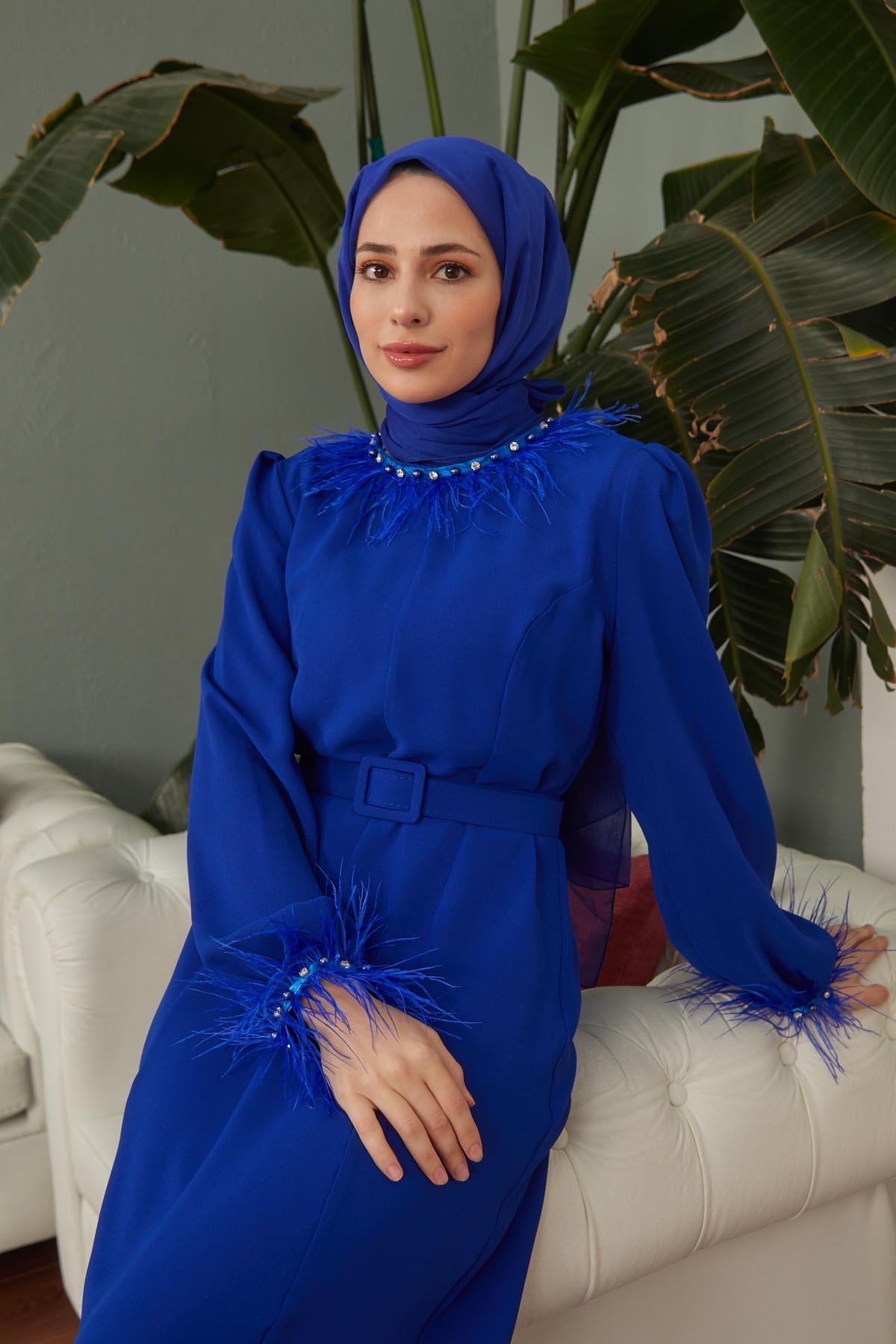 Tesettür Esla Krep Elbise Saks MavisiHM4142-1