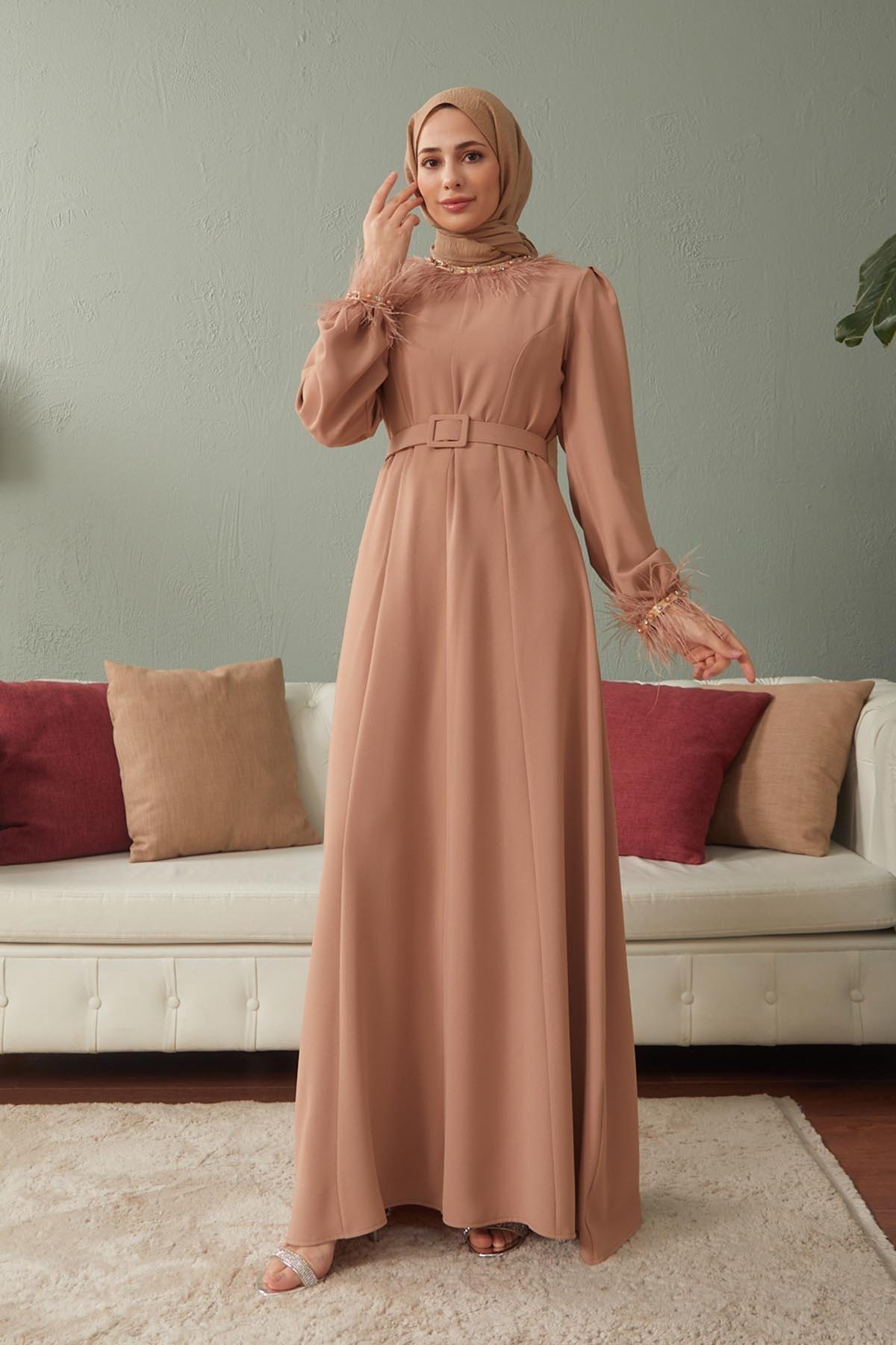 Tesettür Esla Krep Elbise VizonHM4142-1