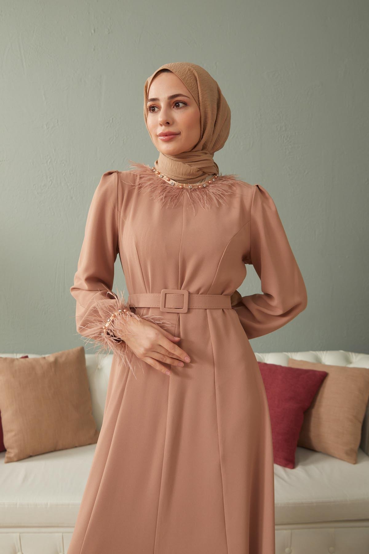 Tesettür Esla Krep Elbise VizonHM4142-1